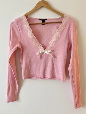 Forever 21 Pink Ribbed Lace Trim Bow Front Long Sleeve Crop Top Size Large Y2K